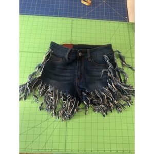 Women's‎ LING Fringe Hem Chain High Waisted Denim Shorts Dark Blue Size S